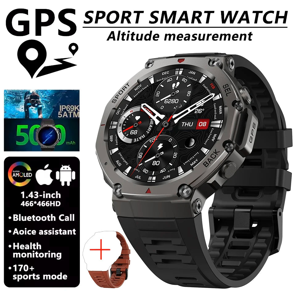 GPS sport smart watch with AMOLED display on black silicone strap