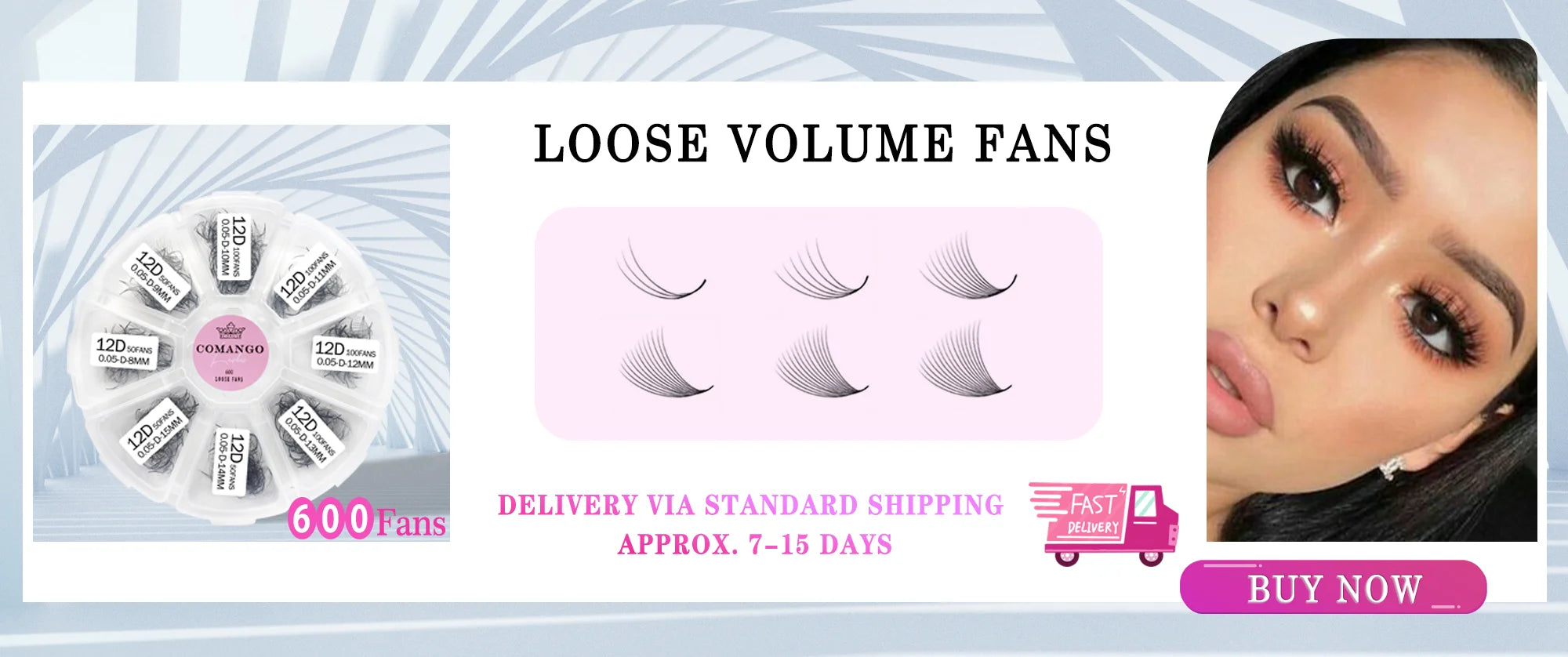 Loose black 12D eyelash volume fans in a circular multi-compartment storage case for professional lash extensions.