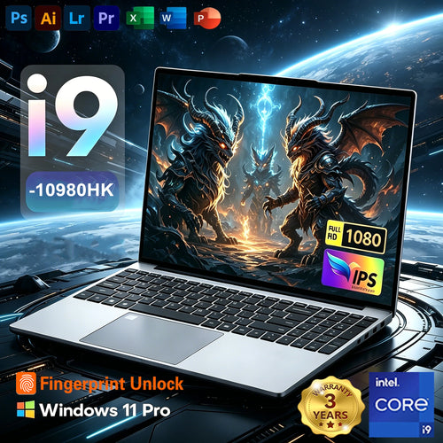 Silver 15.6-inch laptop with thin bezels, black keyboard, large trackpad, and fingerprint reader on a space background.