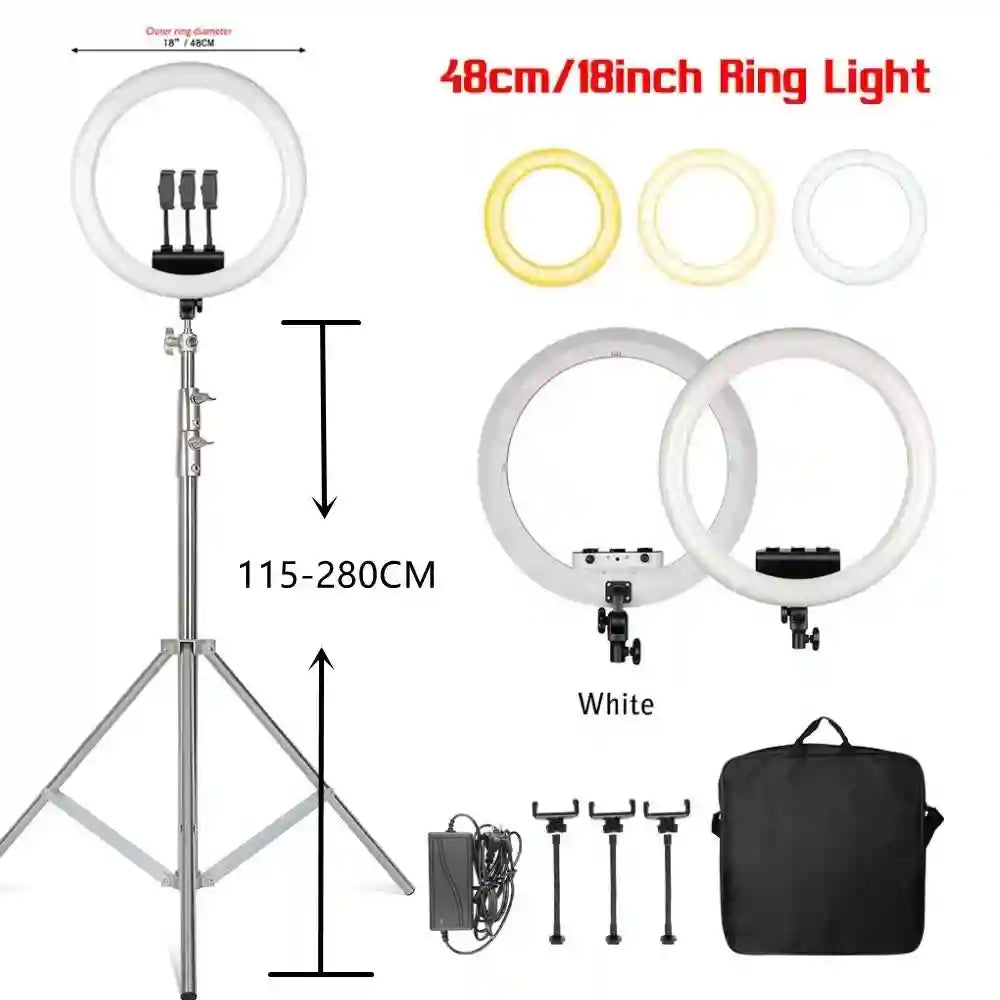 18-inch LED ring light with adjustable tripod stand, three phone mounts, power adapter, and black carrying case.