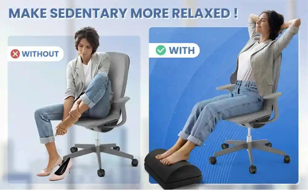 Adjustable memory foam under desk foot rest for office and gaming chairs for ergonomic back and hip pain relief.
