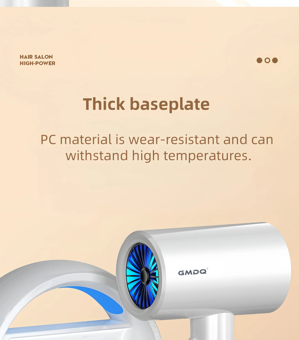GMDQ white wall-mounted hair dryer with blue light, 1800W motor, and durable heat-resistant baseplate for salon use.