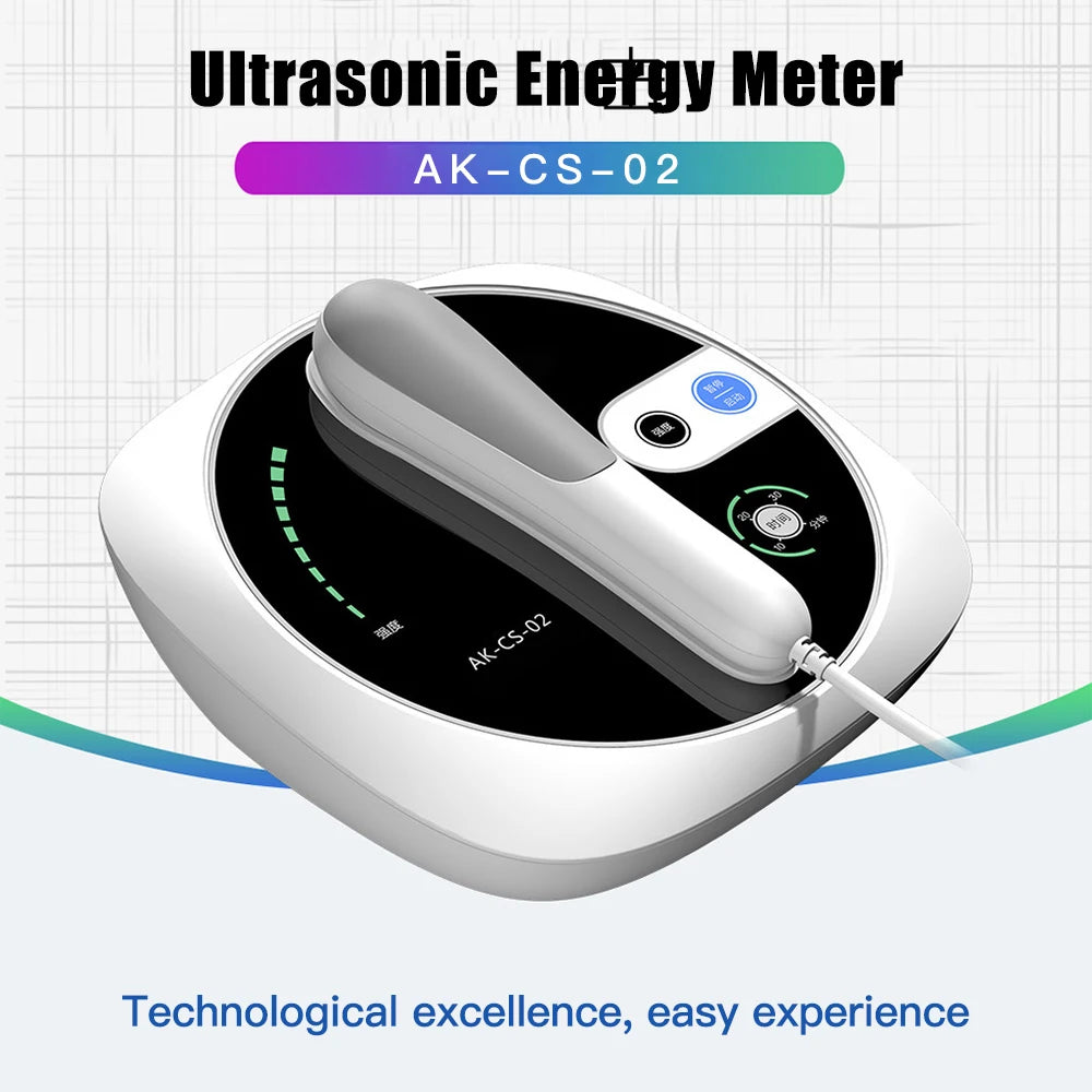 Portable white ultrasonic physiotherapy machine with 1MHz massage probe for muscle and joint pain relief.