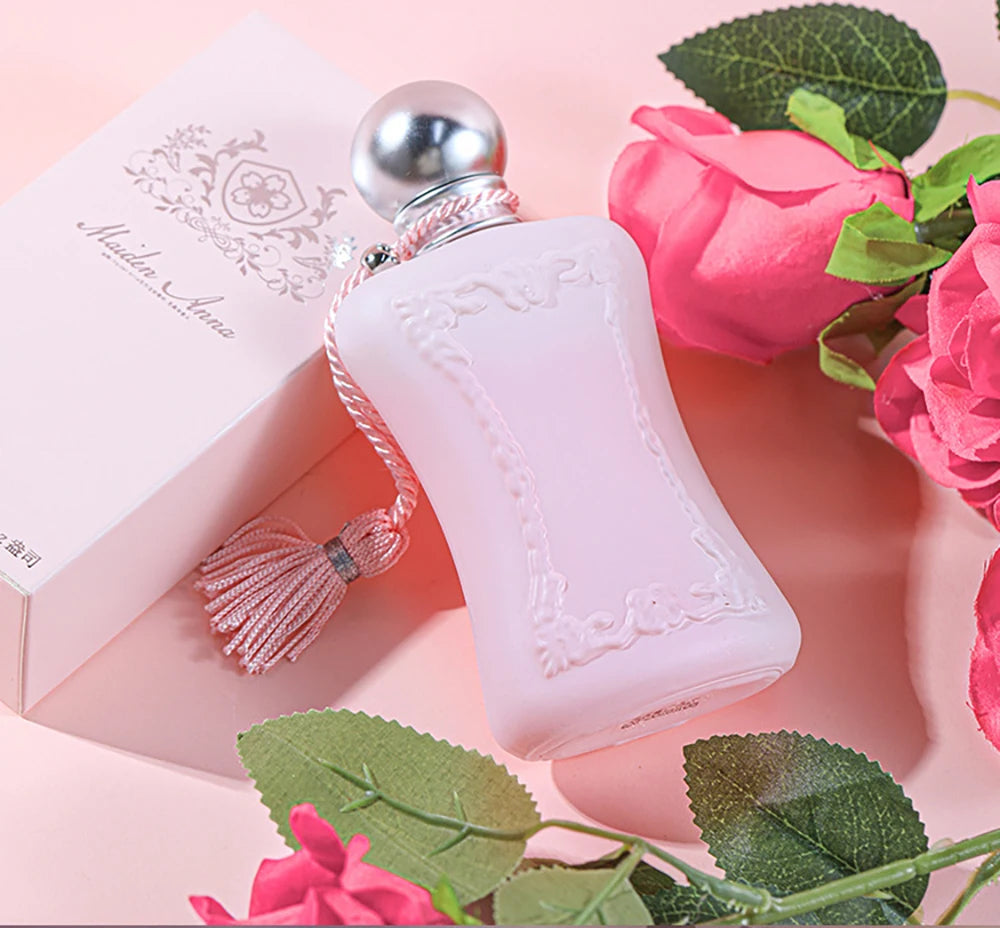 Maiden Anna 75ml floral Eau de Parfum for women. Pink vintage bottle with tassel and rose accents. Long-lasting scent.