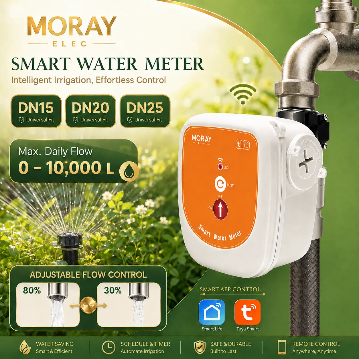 ME220FW WiFi Smart Water Valve Flow Meter 0-10000L DN15-DN25 Temperature Monitoring Supports Alexa and Google Assistant