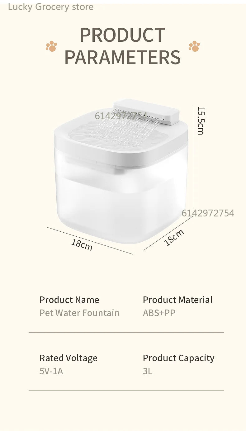 3L USB Pet Water Fountain with Pump & Filter Anti-Dry Burning Cat Water Dispenser Auto Recirculating Pet Water Flow Drinker