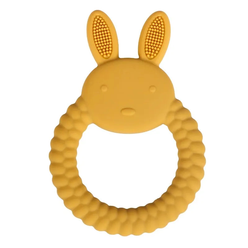 Yellow silicone bunny teething ring for baby teething relief.