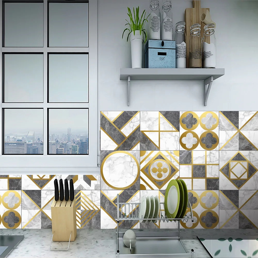 10pcs Crystal Tile Wall Stickers Self-Adhesive Kitchen Tiles PVC Backsplash Stickers Peel and Stick Bathroom Faux Stone Effect