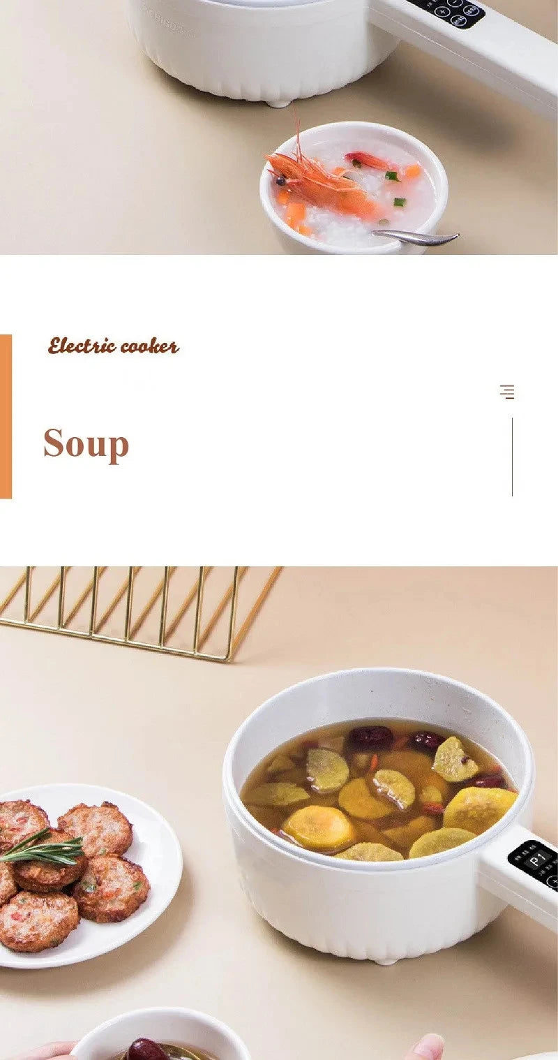 Electric cooking pot filled with soup and a ladle, with a side plate of cooked meat