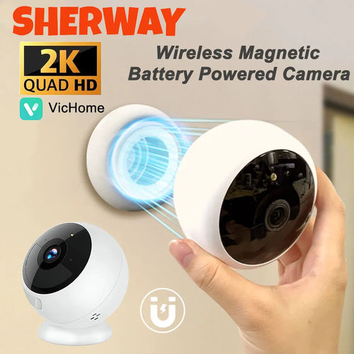 Wireless magnetic battery security camera with white dome body and black lens