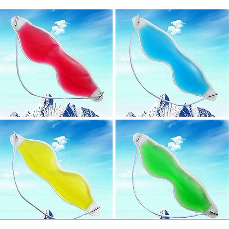 Colorful gel cold eye masks for sleep, ice compress for puffiness and insomnia in red, blue, yellow, and green.