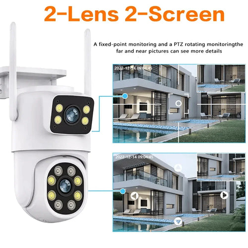 White dual-lens PTZ WiFi security camera with two lens modules in wall-mount housing