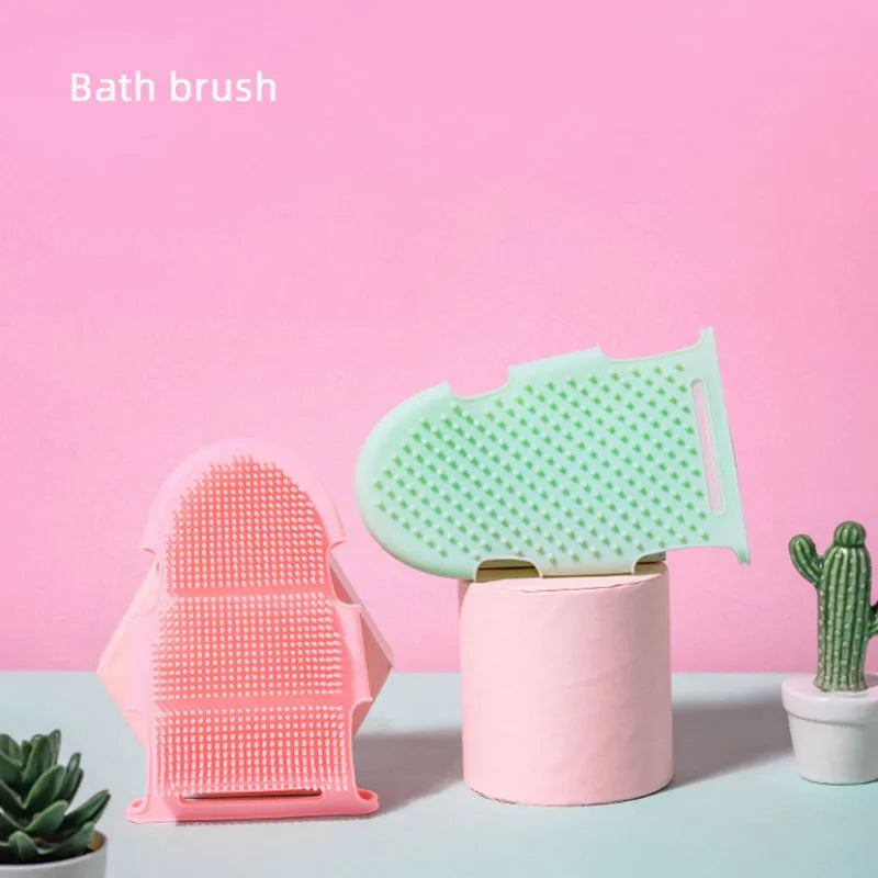 Pink and green silicone pet bath brush gloves for gentle massage, grooming, and deep cleaning.