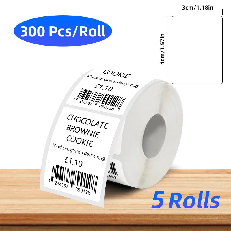 Coreless white thermal label roll with 300 labels per roll, blank label area