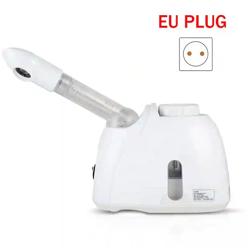 White portable facial steamer for deep pore cleansing and skin hydration, featuring an adjustable nozzle and EU plug.