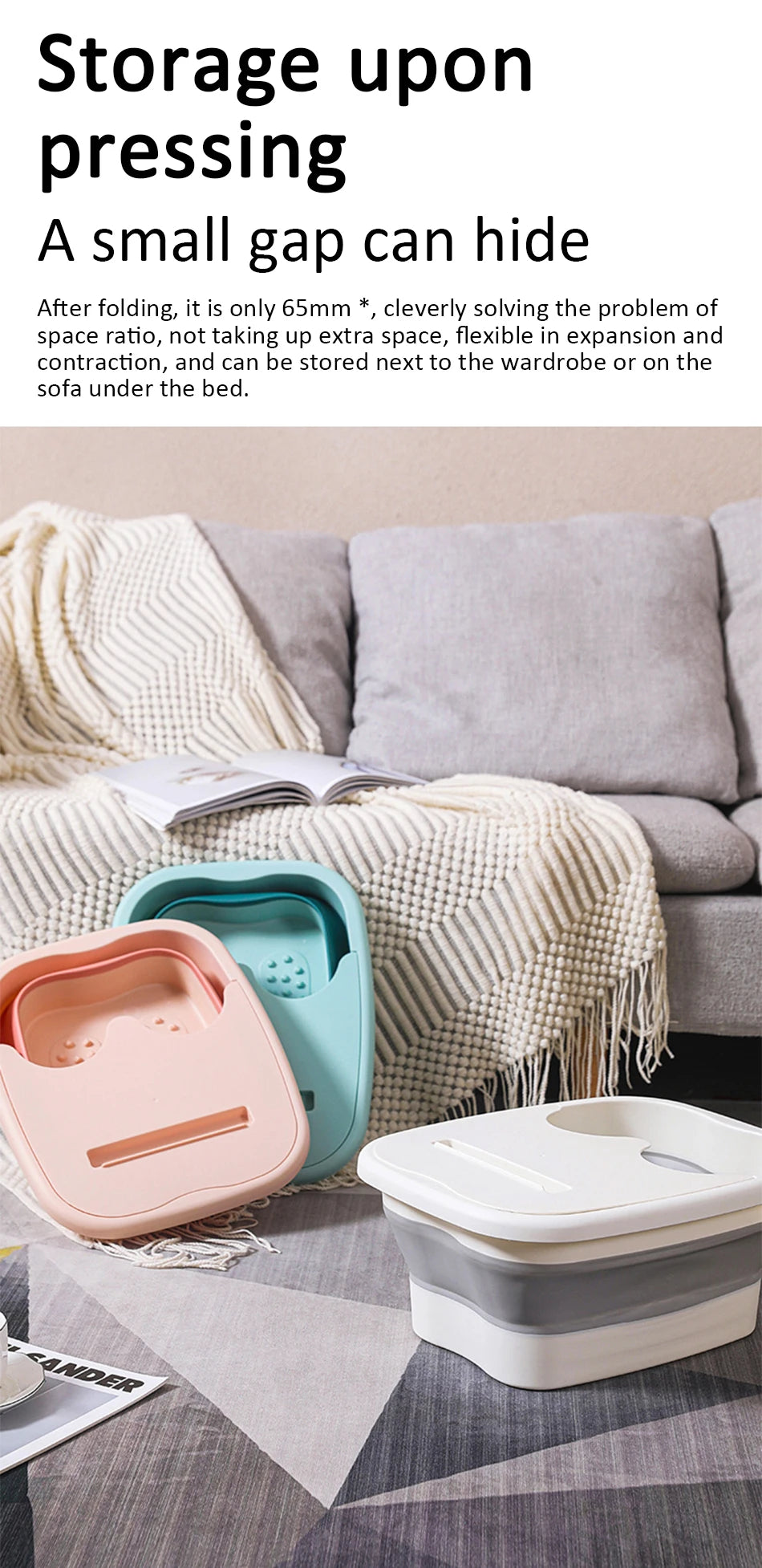 Foldable silicone foot bath tub basins in pink, blue, and white, compact design for easy storage by a sofa.