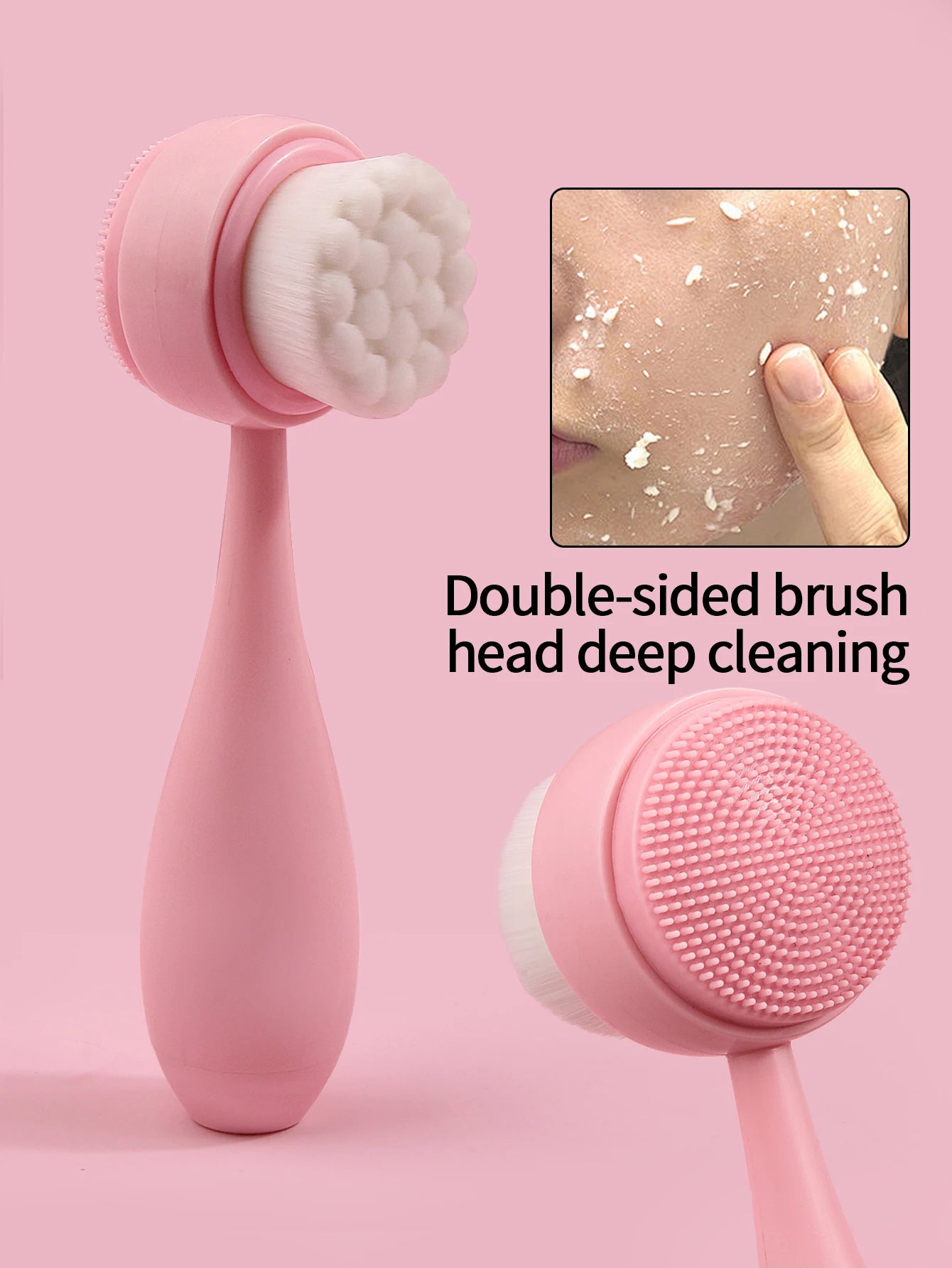 Pink double-sided manual facial cleansing brush with soft bristles and silicone scrubber for deep skin exfoliation.