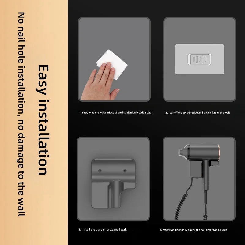 Wall-mounted hair dryer with easy no-drill installation guide, featuring a sleek grey design and nozzle attachment.