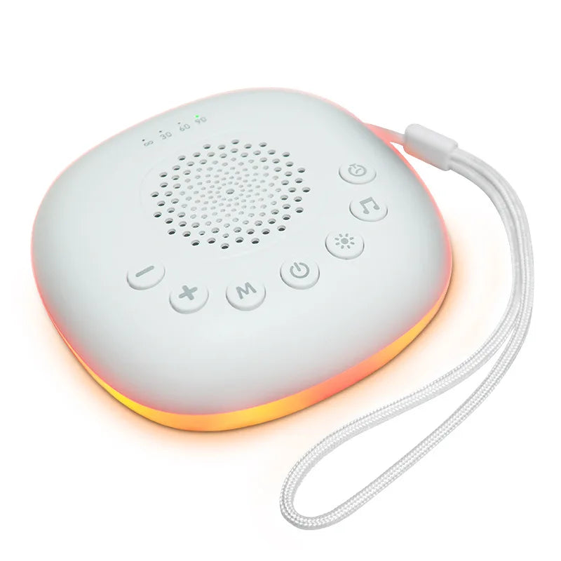 White portable sound machine for sleep aid with light-up base, visible control buttons, and 30-60-90 timer display.