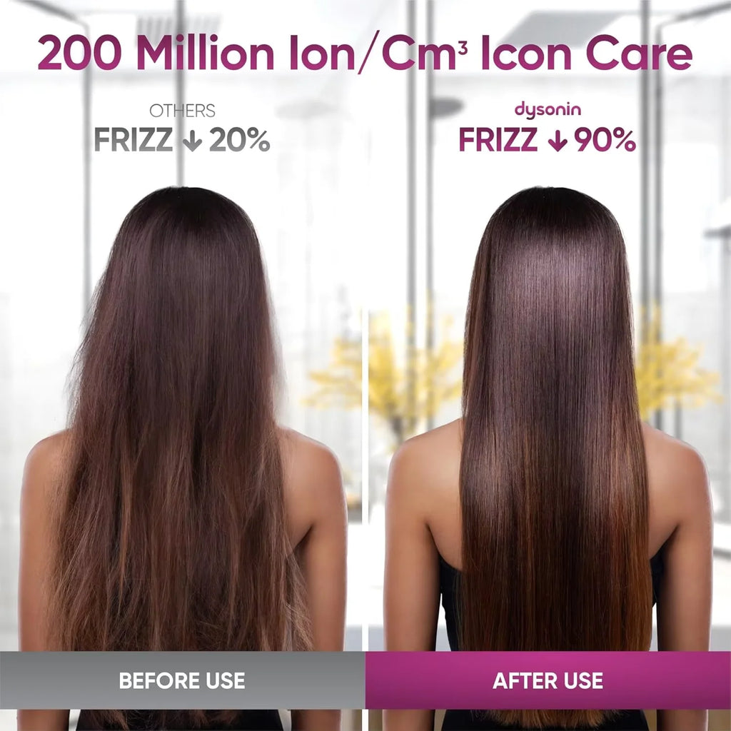 Negative ion hair dryer comparison showing 90% frizz reduction for smooth, shiny, professional-grade hair results.