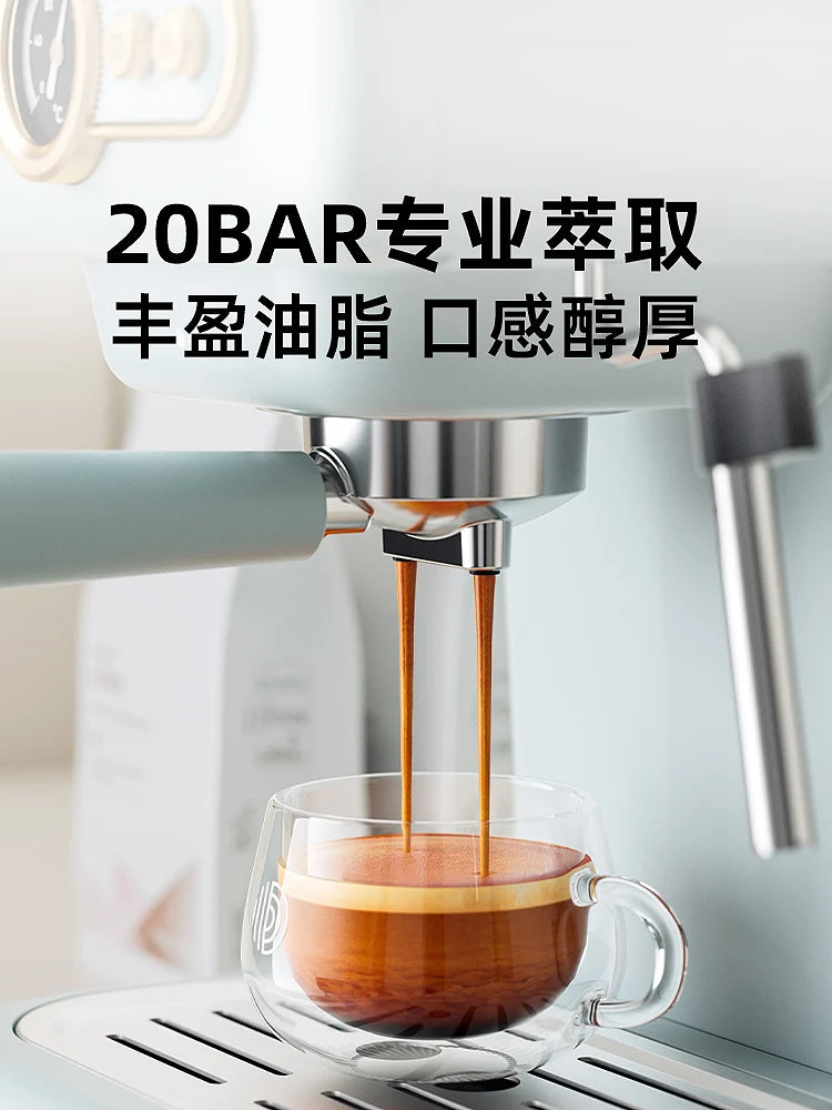 Light blue 20-bar espresso machine pouring coffee into a double-walled glass cup with a visible analog pressure gauge.
