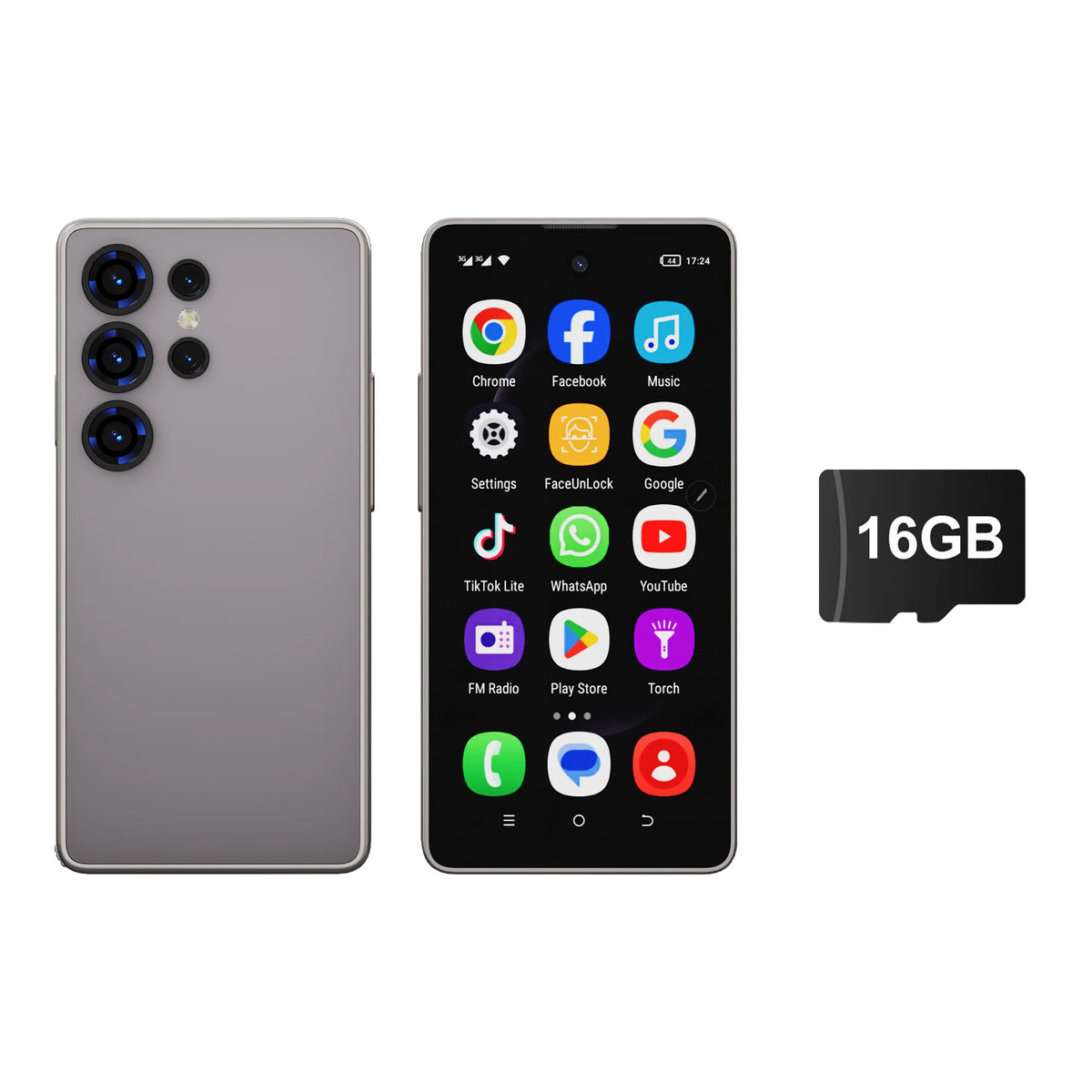 White mini smartphone, front and back views, 16GB storage shown.