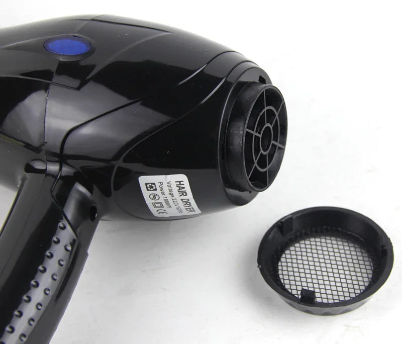 Black 1800W professional hair dryer with removable mesh filter and EU plug for salon or home use.