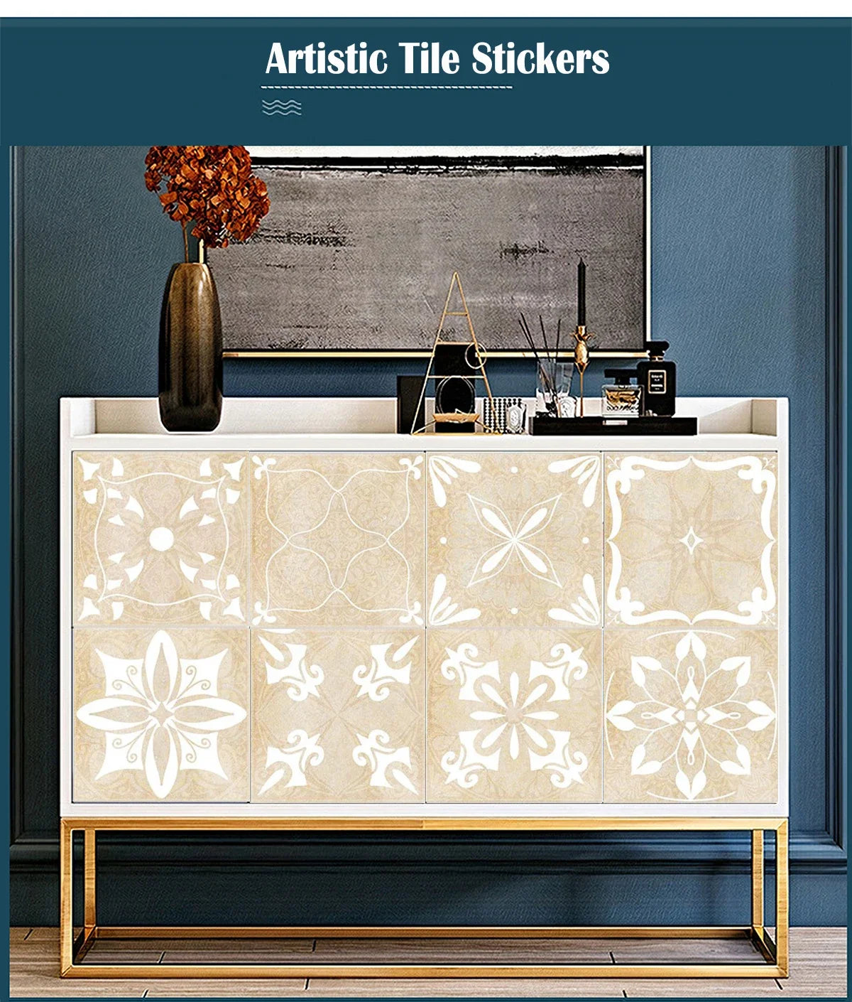 Dark Grey Vintage Boho Floral Tile Stickers Self Adhesive Glossy PVC Waterproof Decals Cabinet Kitchen Bath Wall Backsplash Deco