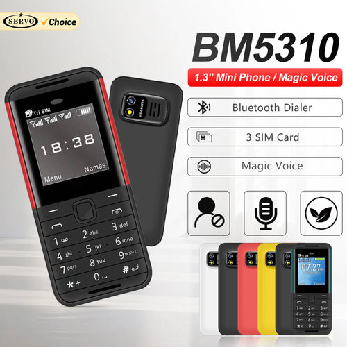 SERVO BM5310 mini 3 SIM phone in black and red, featuring Bluetooth dialer, magic voice, and front/back view.