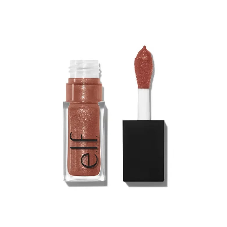 e.l.f. Glow Reviver Lip Oil in a shimmering brown shade with doe-foot applicator for a glossy, moisturizing finish.