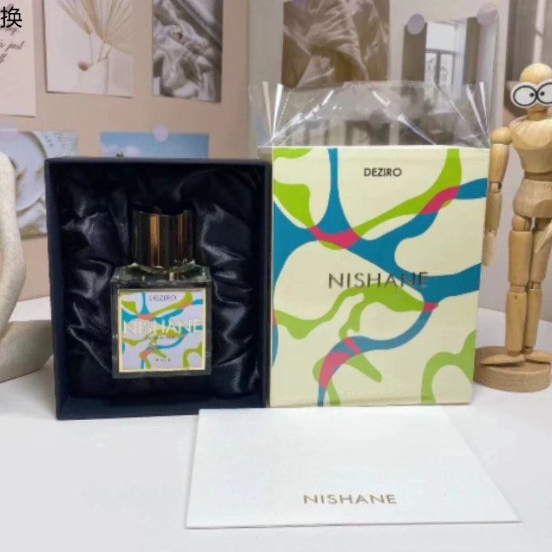 Nishane 100ml men's perfume spray in a square glass bottle with colorful graphic design, luxury boxed set for him.