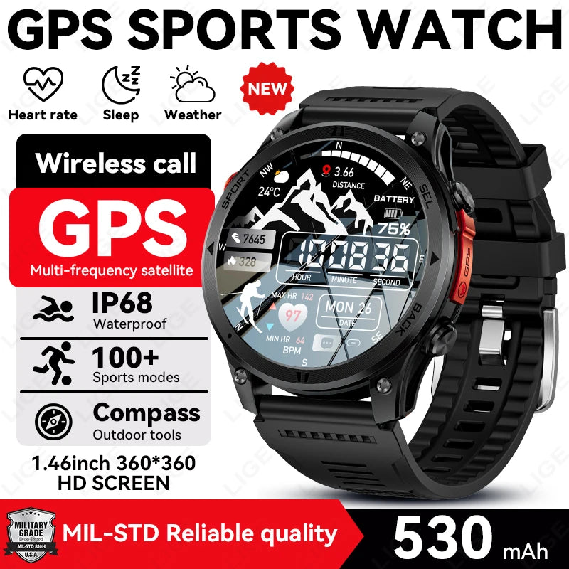 LIGE 2026 New GPS Path Smart Watch 530mAh Battery IP68 Waterproof Sports Run Tracker BT Call Outdoor Compass Military Smartwatch