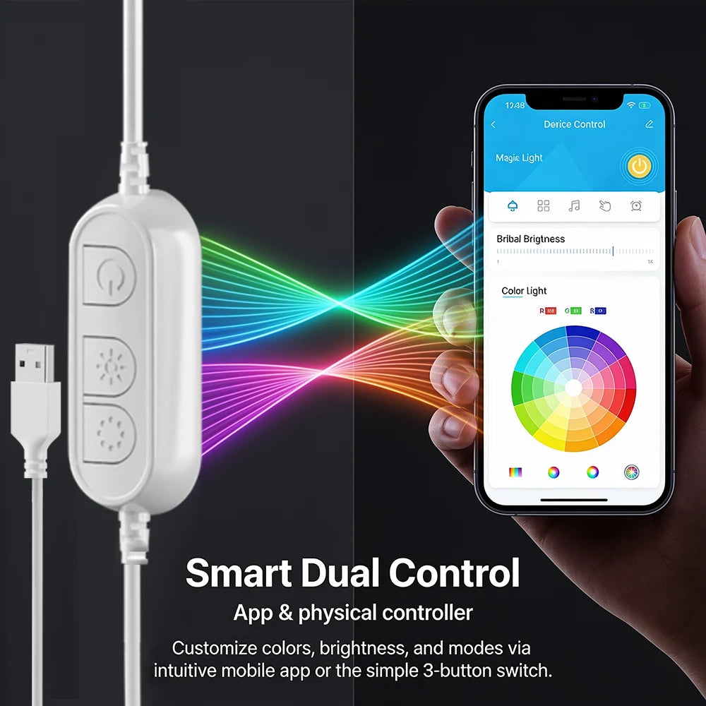 RGB neon light rope with inline USB controller and smartphone app color wheel