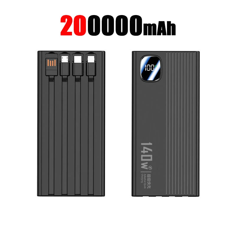 Portable Charger with 4-in-1 Cables - High Capacity Power Bank 50000mAh+ Black 200000mAh Tidesmit