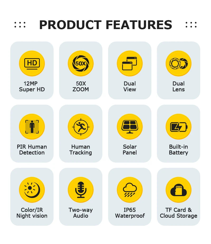INQMEGA 12MP 60X Optical Zoom 4G/WiFi Solar Camera Dual Screen PTZ PIR Detection Auto Tracking CCTV Surveillance Cameras Ubox