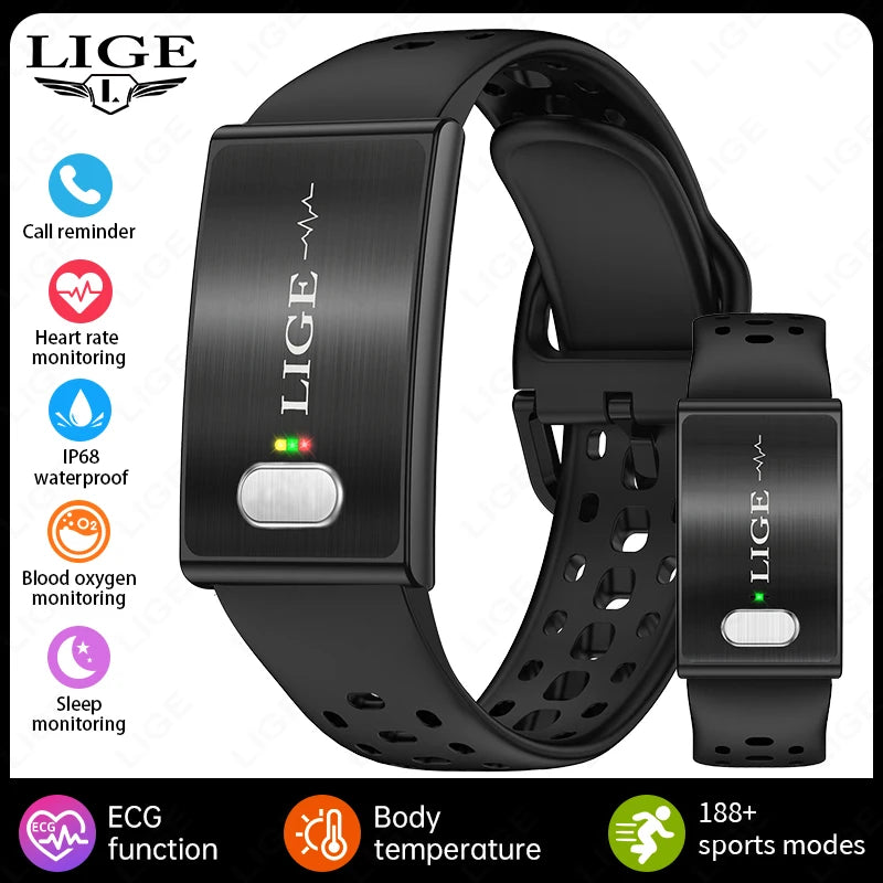 Black smartwatch fitness tracker with textured perforated band, side view and extra strap