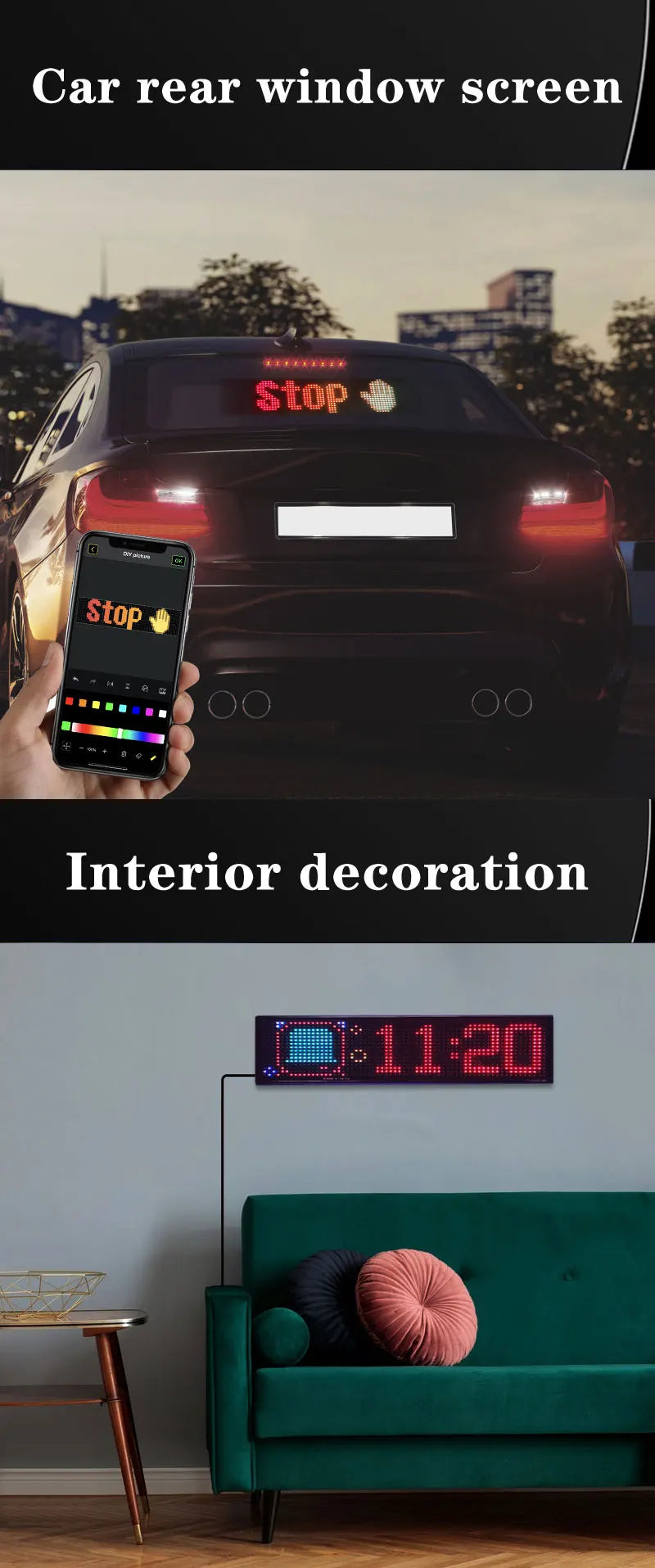 Car LED Matrix Pixel Panel 16x64 - Customizable RGB Scrolling Text Display Tidesmit