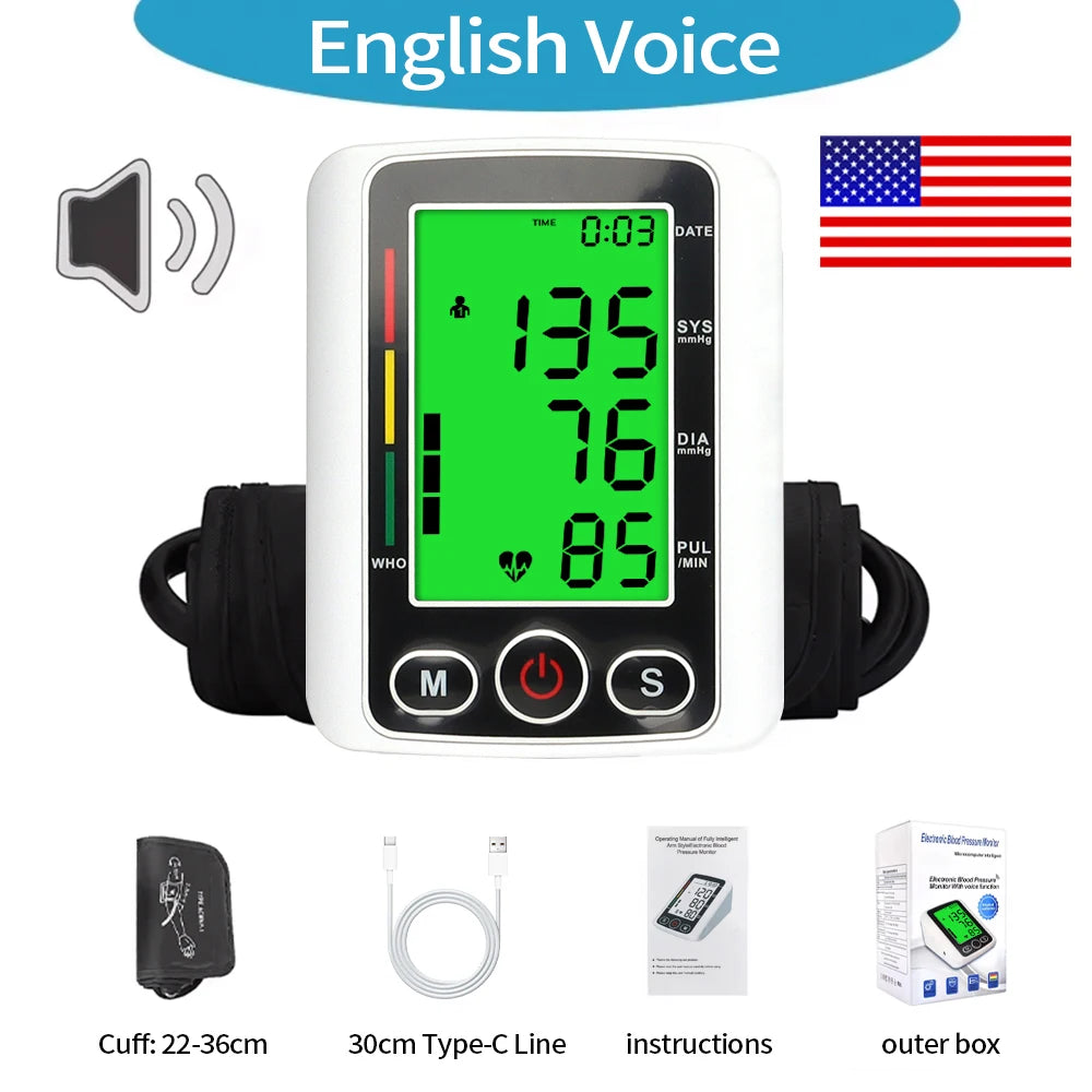 Upper Arm Blood Pressure Meter Automatic Tonometer BP Cuff Machine Medical Sphygmomanometer Home Tensiometer Digital BP Monitor