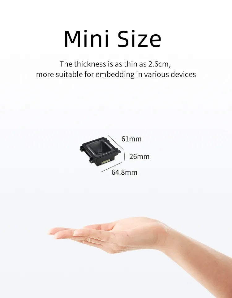 Mini embedded barcode scanner module with mounting pins and marked size dimensions