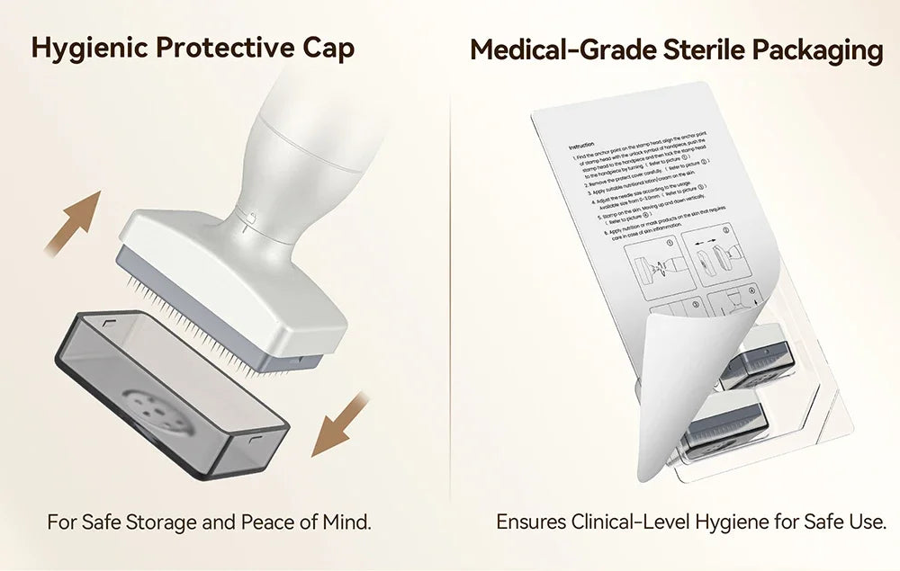 Adjustable microneedling derma stamp pen for beard and hair growth with protective cap and sterile packaging.