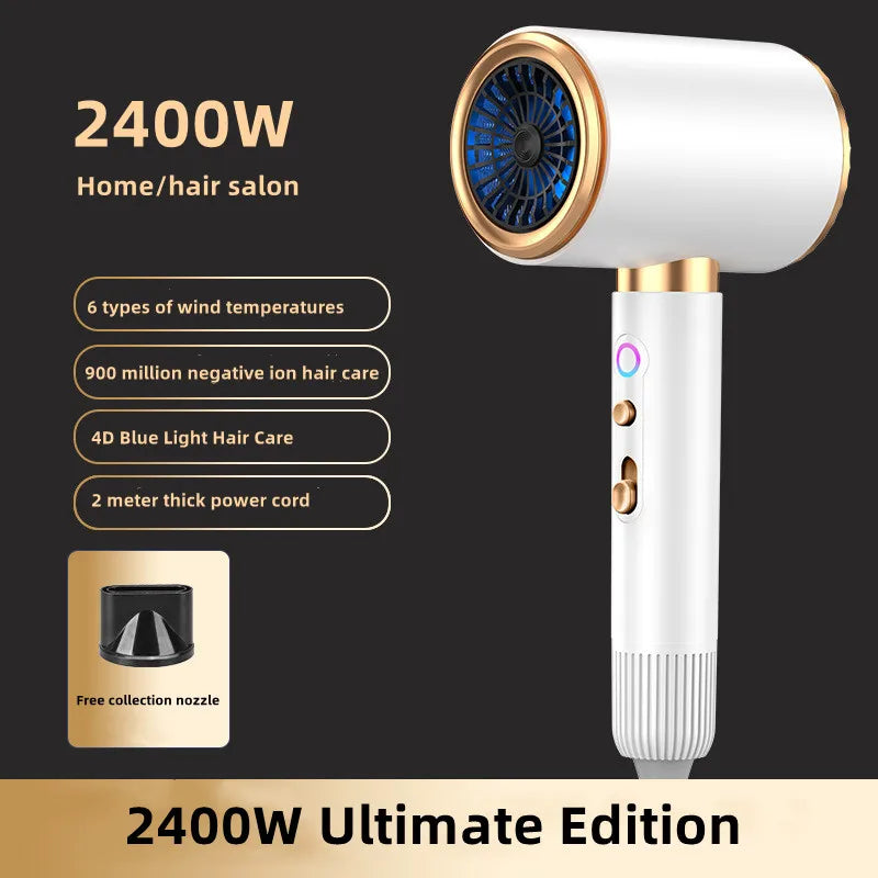 2400W high-speed white and gold ionic hair dryer with blue light technology, attachments, and salon-grade settings.