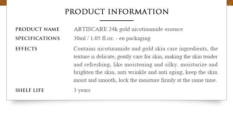 ARTISCARE 24K Gold Nicotinamide Essence skincare set. Anti-aging, moisturizing face serum for glowing, smooth skin.
