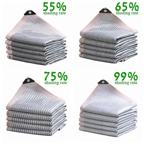 Silver aluminum foil sunshade mesh, stacked sheets with corner grommets, multiple shading rates