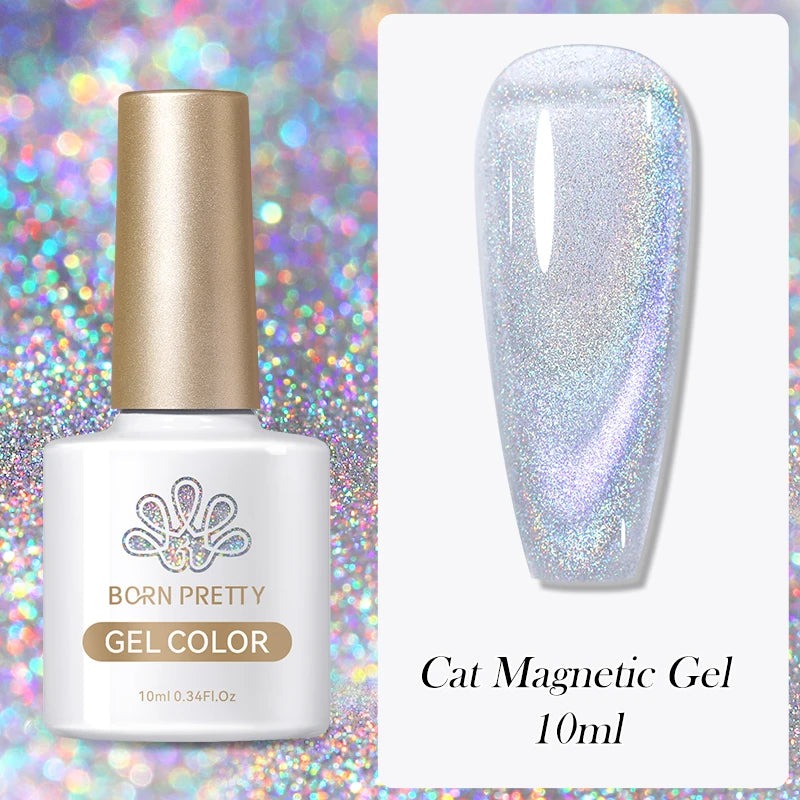 10ml bottle of iridescent silver cat magnetic gel polish with a gold cap and a swatch showing a shimmery finish.