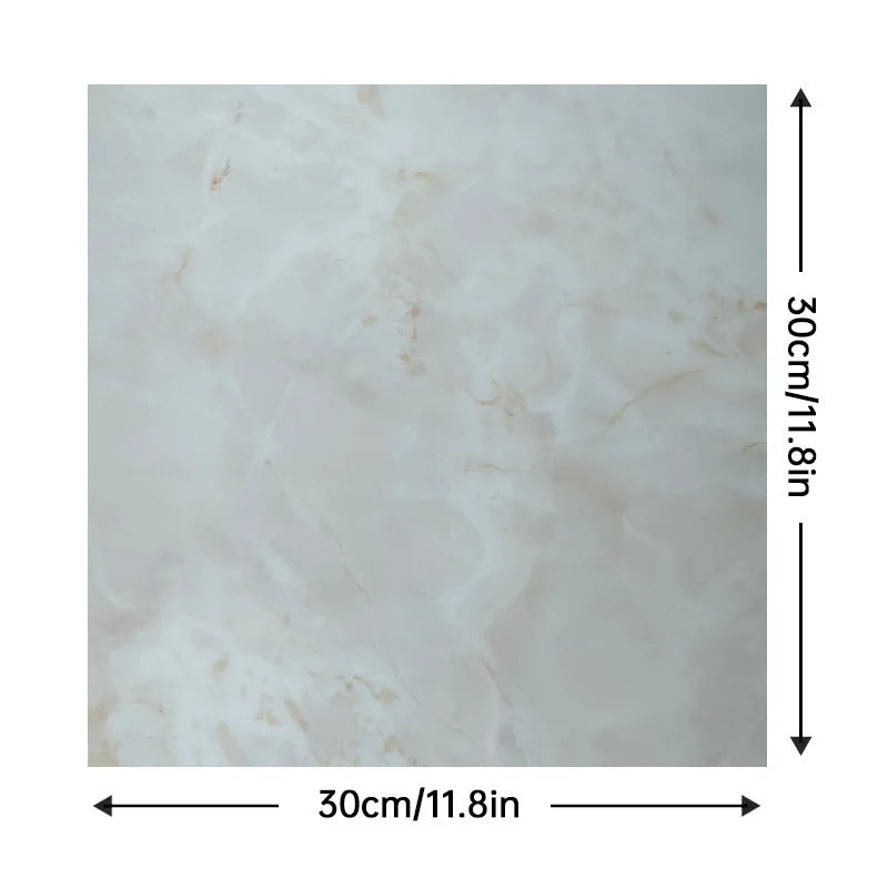 Peel-and-stick marble tile, off-white with subtle beige veining, square 30cm x 30cm
