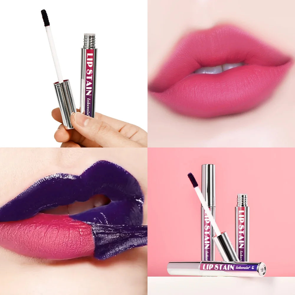 Waterproof, transfer-proof peel-off lip stain in matte pink, showing application process and product packaging.