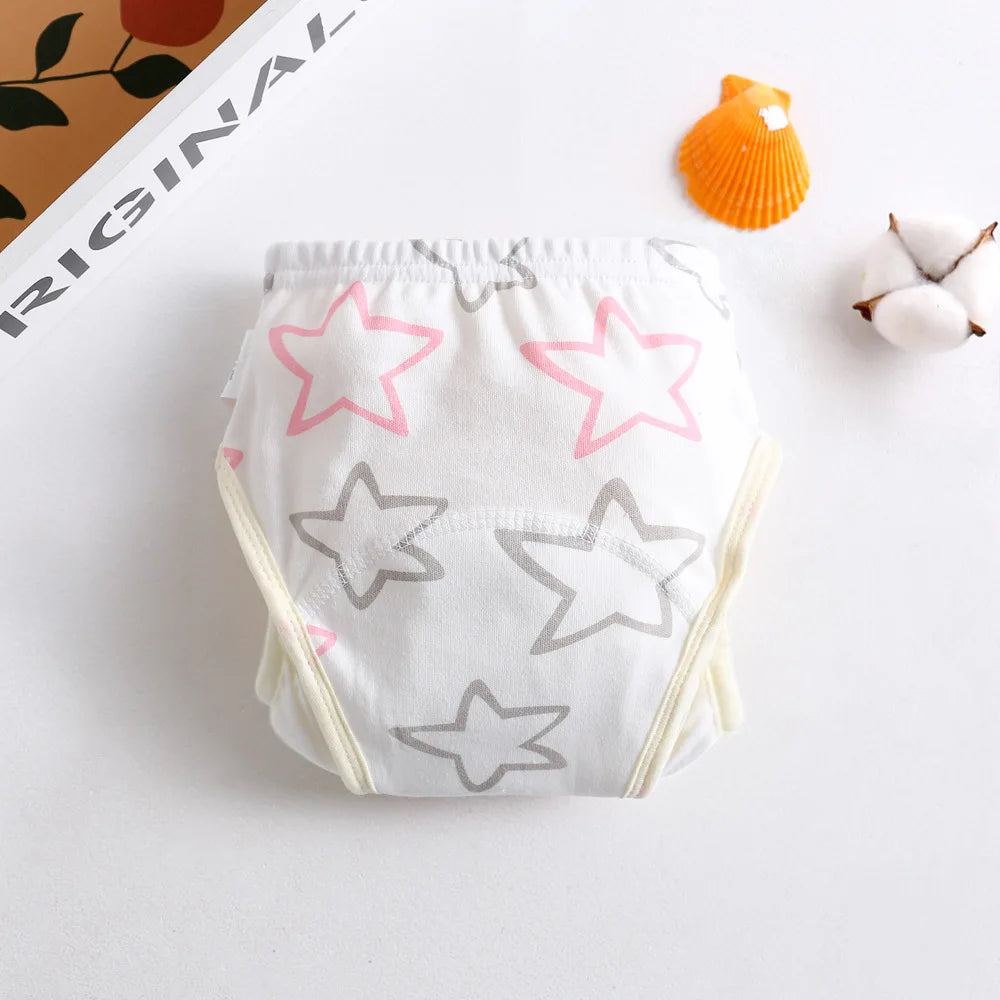 Reusable cotton baby training diaper with pink and grey star pattern for potty training.