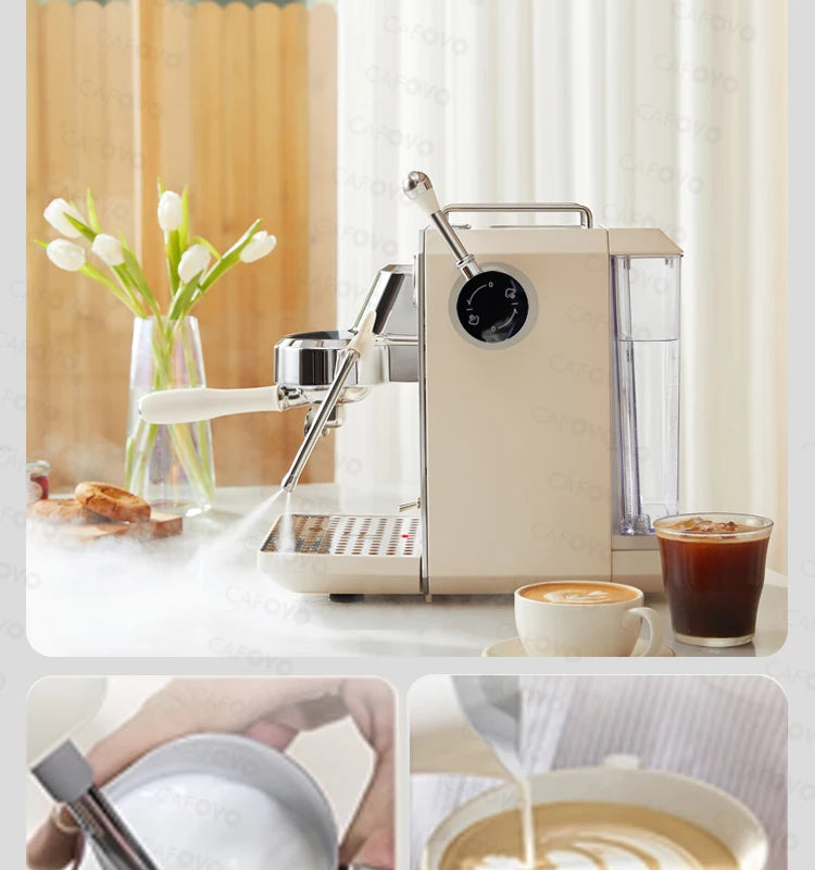Cafovo cream-colored espresso machine with stainless steel accents, steam wand, and clear water tank on a kitchen table.