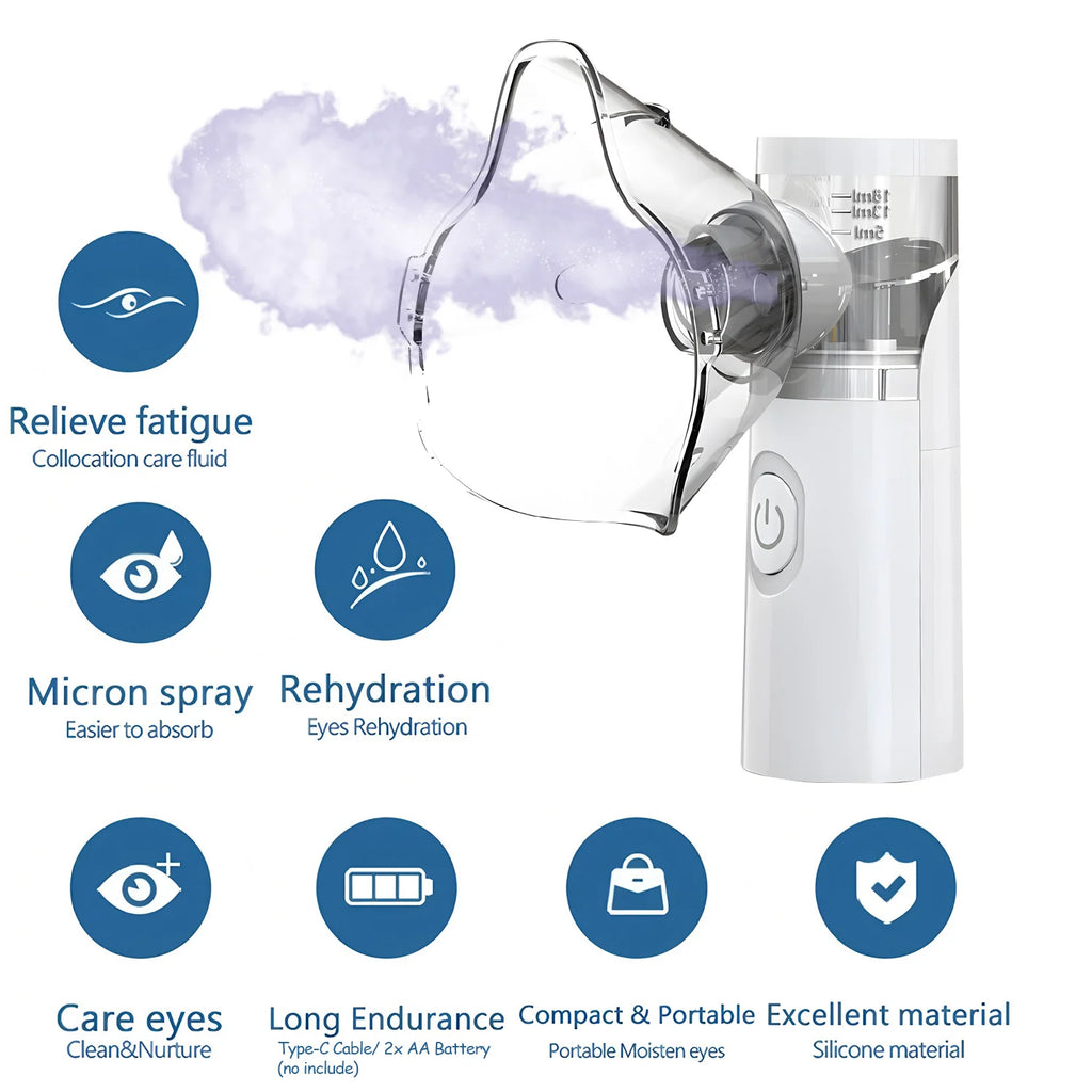 Portable handheld eye nebulizer with a clear silicone mask, white plastic body, and visible mist for eye rehydration.