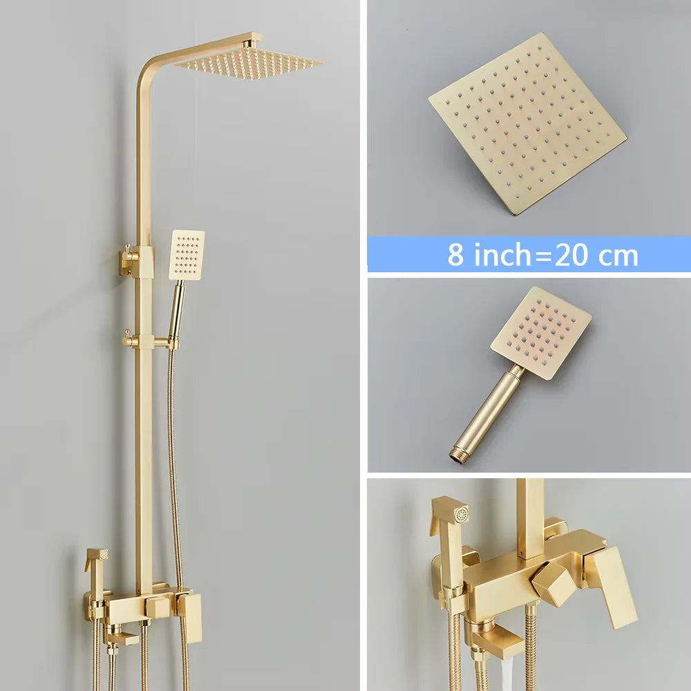 Rainfall Bathroom Shower Faucet Kit With Bidet Wall Mounted Stainless Steel Hot Cold Water Mixer Tap System With Rack,Tub Spout